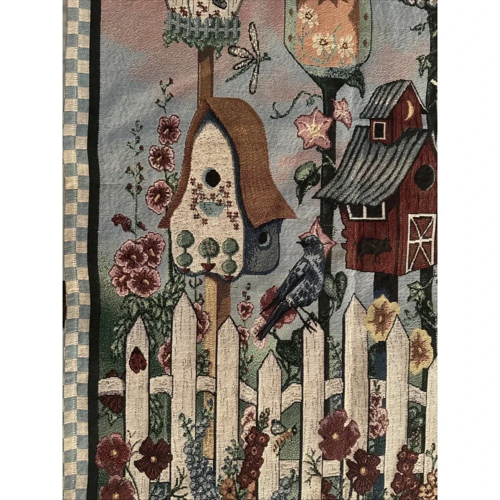 Vintage Birdhouse Bird Flowers Wall Hanging Tapestry Panel 34